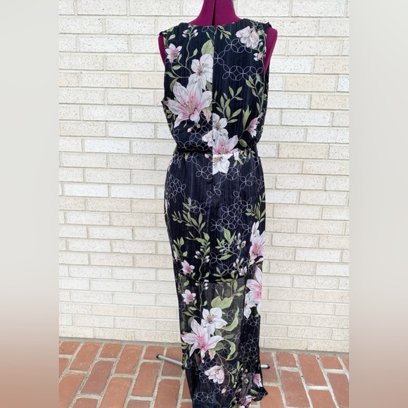 Guess Black Floral Maxi Dress Nadira Metallic Sheer Sleeveless Size XL - Picture 9 of 16
